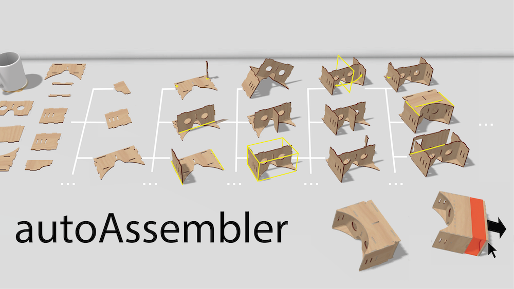 Project number 2. AutoAssembler. A software interface showing a wooden VR headset being assembled automatically by AutoAssembler.